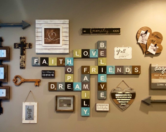 Personalized Farmhouse Scrabble Wall Art: Carved Wooden Tiles in 47 Colors for Home Decor