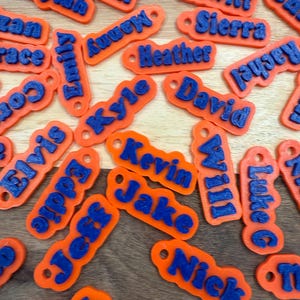 May include: A collection of orange plastic rectangular tags with rounded edges, each featuring a raised blue name. The names include Brian, Kylah, Hewitt, Sierra, Heather, Rachel, David, Kyle, Kevin, Jake, Will, Elvis, Eddie, Jeff, Nick, Rob, and Luke G.