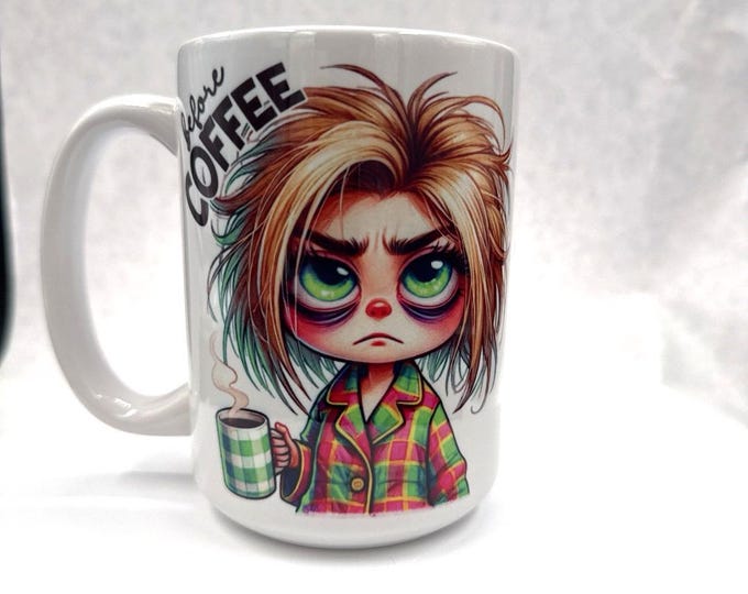 Humorous Blonde Transformation Coffee Mug: Before and After Hair Makeover Cup