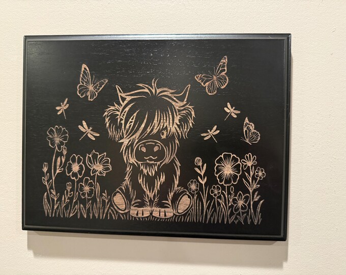 Rustic Highland Cow Butterfly Wood Sign - Black Walnut Ebony Stained Farmhouse Decor