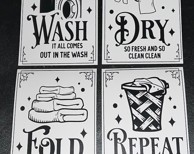 Laundry Room Wall Art Bundle: 4 Prints of Wash, Dry, Fold, Repeat Decor - Mix Tiles