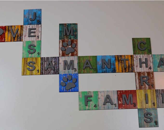 Colorful Scrabble Tiles for Family Wall Decor, Rustic Farmhouse Art, Personalized Name Signs