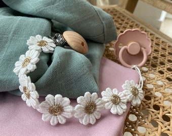 Attache-tétine marguerite - attache-tétine avec fleurs - cadeau naissance - attache-tétine fleurs