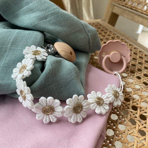 Daisy Schnullerband - Schnullerband mit Blumen - Geschenk zur Geburt- Schnullerkette Blumen