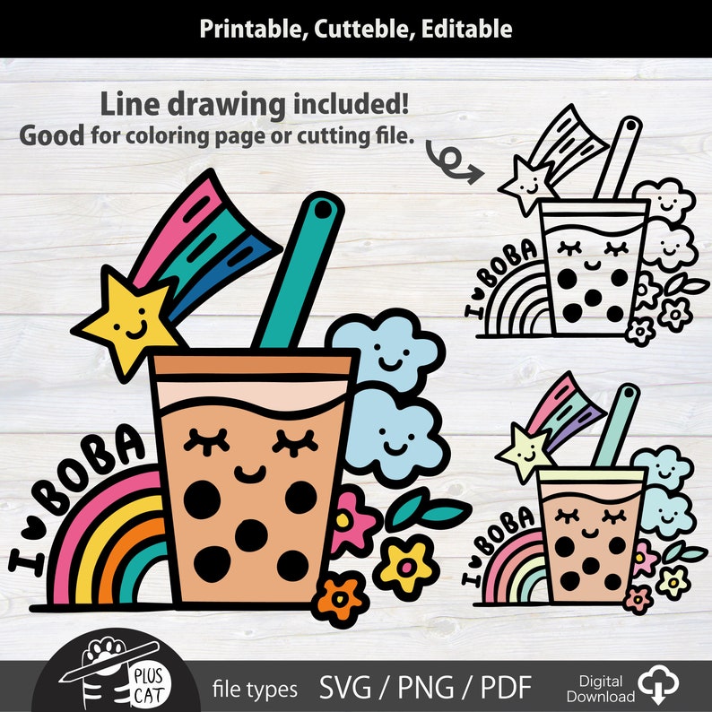 Kawaii I love boba tea bubble tea rainbow clip art for | Etsy