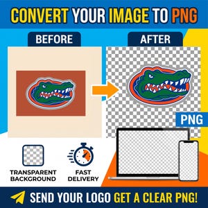 May include: A digital graphic showing a logo conversion process. The text reads CONVERT YOUR IMAGE TO PNG, BEFORE, AFTER, PNG, TRANSPARENT BACKGROUND, FAST DELIVERY, and SEND YOUR LOGO GET A CLEAR PNG. It features a green alligator logo and a laptop.