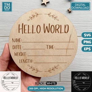 Birth announcement SVG, Hello world SVG sign, Newborn stats sign PNG, Round Baby stats svg template