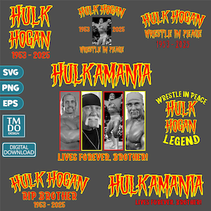 Puede incluir: Diseño digital con múltiples gráficos de Hulk Hogan. Incluye texto que dice "Hulk Hogan" y "Hulkamania" en amarillo y rojo, junto con imágenes del luchador. También incluye el texto "Lives Forever, Brother!"