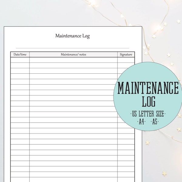 Maintenance Log, Printable, Track Maintenance And Repairs, Maintenance Technician Gifts, Maintenance Checklist, US letter, A4, A5