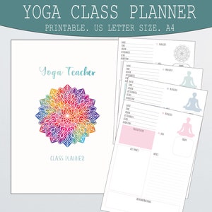 May include: Printable yoga class planner with a colorful mandala design. The planner includes sections for date, time, attendees, duration, key notes, and reading/resources.