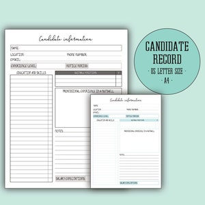 Scheda del candidato per i reclutatori, registro delle informazioni dei candidati, modello di assunzione, DOWNLOAD IMMEDIATO, registro stampabile, A4, formato US Letter