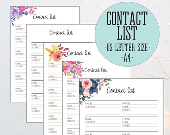 Printable Contact List, Floral Contacts Log, Address Book Template, Phone Directory Sheets, INSTANT DOWNLOAD, US Letter, A4