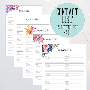 Lista de contactos imprimible, registro de contactos florales, plantilla de libreta de direcciones, hojas de directorio telefónico, DESCARGA INSTANTÁNEA, tamaño carta de EE. UU., A4
