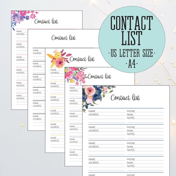 Printable Contact List, Floral Contacts Log, Address Book Template, Phone Directory Sheets, INSTANT DOWNLOAD, US Letter, A4
