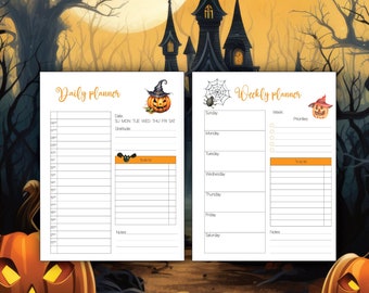 Op de afbeelding: Twee printbare plannerpagina's met een Halloween-thema. De dagelijkse plannerpagina heeft een pompoen met een heksenhoed erop. De wekelijkse plannerpagina heeft een spinnenweb met een spin in het midden. Beide pagina's hebben ruimte voor een datum, een takenlijst en een notitiegedeelte.