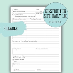 Registro de obra editable / Informe de gestión de proyectos en el lugar de trabajo / Plantilla de registro y cronograma del capataz / Formato carta de EE. UU.