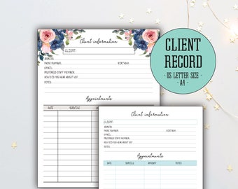 May include: A printable client record sheet with floral design. The sheet includes sections for client information and appointments. The text "CLIENT RECORD - US LETTER SIZE - A4 -" is printed in a teal circle.
