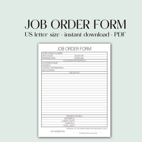 Job Work Order Form Printable, Small Business Job Work Order Tracking. Job Card Template, Maintenance Work, Repair, Construction