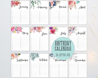 Birthday Calendar Printable, Wedding Guest Book Alternative, Wedding Guest Book Birthday Calendar, Perpetual Calendar, US Letter