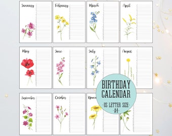 Printable Birthday Calendar, Wildflower Calendar, Perpetual Calendar, Birthday Tracker, Printable Perpetual, US Letter Size, A4
