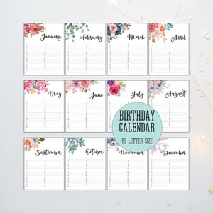 Calendario de cumpleaños imprimible, libro de visitas de boda alternativo, calendario de cumpleaños del libro de visitas de boda, calendario perpetuo, carta de EE. UU.