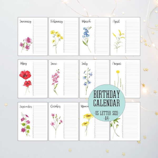 Printable Birthday Calendar, Wildflower Calendar, Perpetual Calendar, Birthday Tracker, Printable Perpetual, US Letter Size, A4