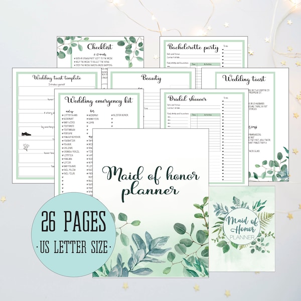 Maid Of Honor Planner, Botanical, Printable MOH Planner, Checklist, Bachelorette Party Planner, Bridal Shower, Bridesmaid Planner, 8.5"x11"