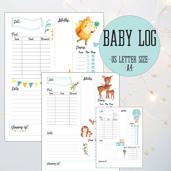 Baby Log, Daily Baby Report, Monitor Food, Sleep And Diapers, Baby Care Diary, INSTANT DOWNLOAD, PRINTABLE, A4, Us Letter