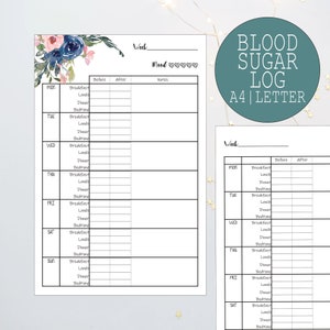 Registro de glucosa en sangre, diario de diabetes, para diabéticos, IMPRIMIBLE, descarga instantánea, tamaño carta de EE. UU., A4