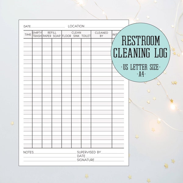 Restroom Cleaning Log, Cleaning Checklist, Bathroom Check List For Offices, Hotels, Restaurants, Bars, US letter, A4