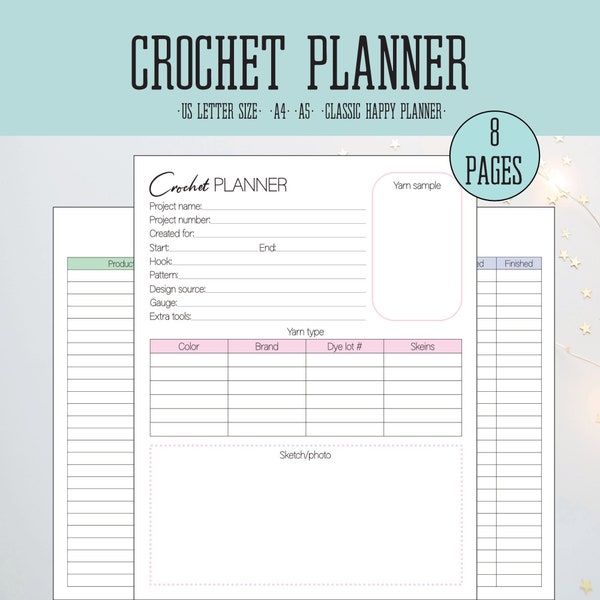 Crochet Planner, Crochet Project Planner, Crochet Journal Printable, Crochet Log, US Letter, A4, A5, Classic HP