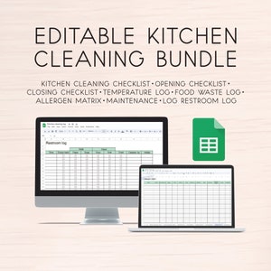 Bewerkbare checklist voor keukenreiniging, Google Spreadsheets, bundel voor voedingsbedrijven en commerciële keukens, restaurantbeheer