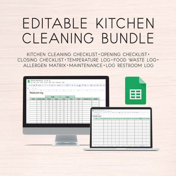 Editable Kitchen Cleaning Checklist, Google Sheets, Bundle For Food Businesses And Commercial Kitchens, Restaurant Management