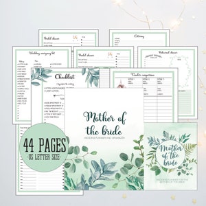 Planificador de la madre de la novia, botánico, lista de verificación de bodas imprimible, plantilla de organización de bodas, boda de madre e hija, carta de EE. UU.