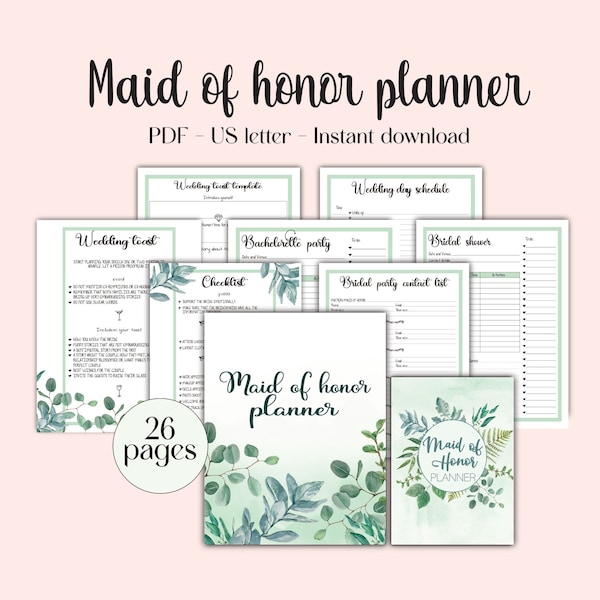 Maid Of Honor Planner, Botanical, Printable MOH Planner, Checklist, Bachelorette Party Planner, Bridal Shower, Bridesmaid Planner, 8.5"x11"