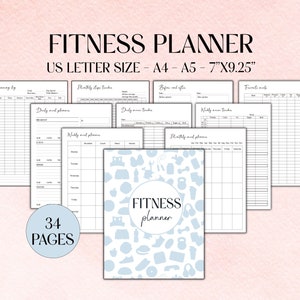 Afdrukbaar fitnessplanner, sjabloon voor training en maaltijdplanning, calorietracker, intermitterend vasten en gewoontetracker