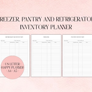 以下が含まれることがあります： 冷凍庫、パントリー、冷蔵庫の在庫管理プランナーを印刷できます。このプランナーは、USレター、ハッピープランナー、A4、A5サイズに対応しています。プランナーには、日付、品目、有効期限、数量、メモの列があります。