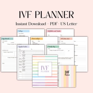 May include: Printable IVF planner in US Letter size with pages for tracking symptoms, medication, and appointments. The planner has a colorful striped cover with the text "IVF Planner".