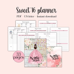 Könnte beinhalten: Ein druckbarer Sweet 16-Planer mit 33 Seiten. Der Planer zeigt ein rosafarbenes und weißes Blumenmuster mit einem Mädchen in einem rosafarbenen Kleid. Der Text "My Sweet Sixteen" steht auf dem Cover.