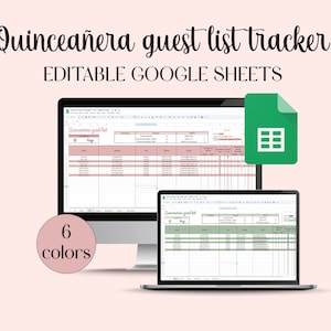Może przedstawiać: Cyfrowy tracker listy gości na quinceañera wyświetlany na komputerze stacjonarnym i laptopie. Widoczny jest tekst "Quinceañera guest list tracker" i "Editable Google Sheets". Obraz przedstawia arkusz kalkulacyjny z różowymi i zielonymi schematami kolorów. Grafika wskazuje "6 kolorów".