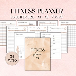 Afdrukbaar fitnessplanner, beige workoutplanner, sjabloon voor maaltijdplanning, calorie- en macrotracker, intermitterend vasten
