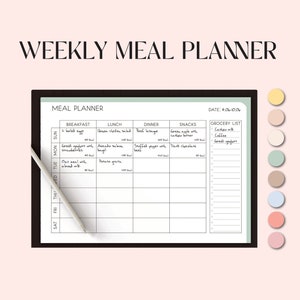 May include: A black and white weekly meal planner with a black frame. The planner has sections for breakfast, lunch, dinner, snacks, and a grocery list. The date is written as 04-10-04.