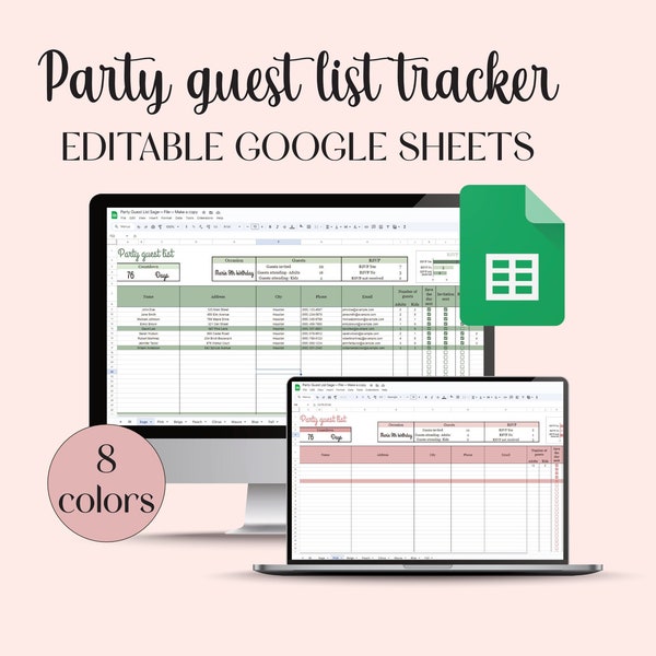 Guest List Spreadsheet, Editable Guest List Tracker Google Sheets, Guest List Template For Parties and Events, RSVP's Tracker