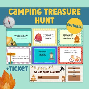 Jeu de chasse au trésor de camping, chasse au trésor modifiable et billet de fête des fêtes, jeux amusants à imprimer pour les enfants, anniversaire, thème du camping-car