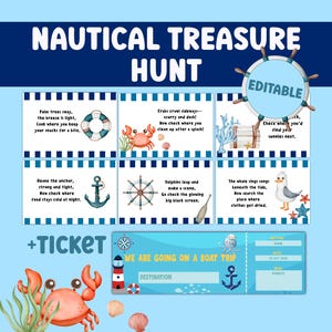Caccia al tesoro nautica, Caccia al tesoro modificabile Plus, Giochi divertenti da stampare per bambini, Attività di compleanno a tema costiero