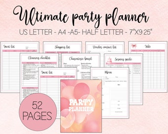 Planificador de fiestas, planificador de cumpleaños y lista de verificación para planificación de eventos, seguimiento de presupuestos y organización de menús para imprimir