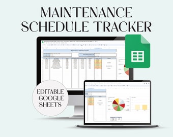 Peut inclure: Une capture d'écran d'un écran d'ordinateur affichant une feuille de calcul Google Sheets intitulée "Maintenance Schedule Tracker". La feuille de calcul est divisée en colonnes avec des en-têtes tels que "Tâche", "Date d'échéance", "Fréquence" et "Statut". La feuille de calcul comprend également un graphique en camembert et un graphique à barres. L'image est accompagnée du texte "Editable Google Sheets" et d'une icône Google Sheets verte.
