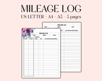 Mileage Log: Printable Business Vehicle Tracker, A5, A4 & US Letter Size Mileage Sheet for Easy Record Keeping