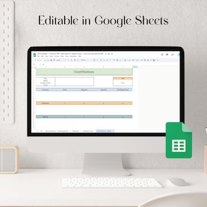 Image of a screen of a laptop with screenshots of a Google Sheets Tithe Tracker with contributions list. Editable and in pastel colors to record monthly income by members