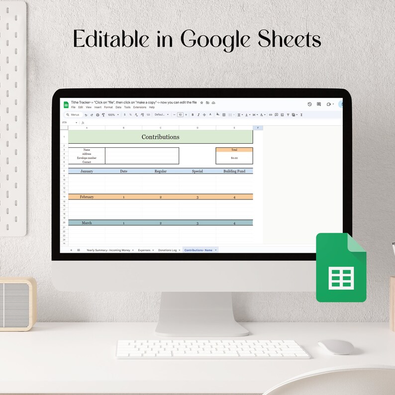 Image of a screen of a laptop with screenshots of a Google Sheets Tithe Tracker with contributions list. Editable and in pastel colors to record monthly income by members